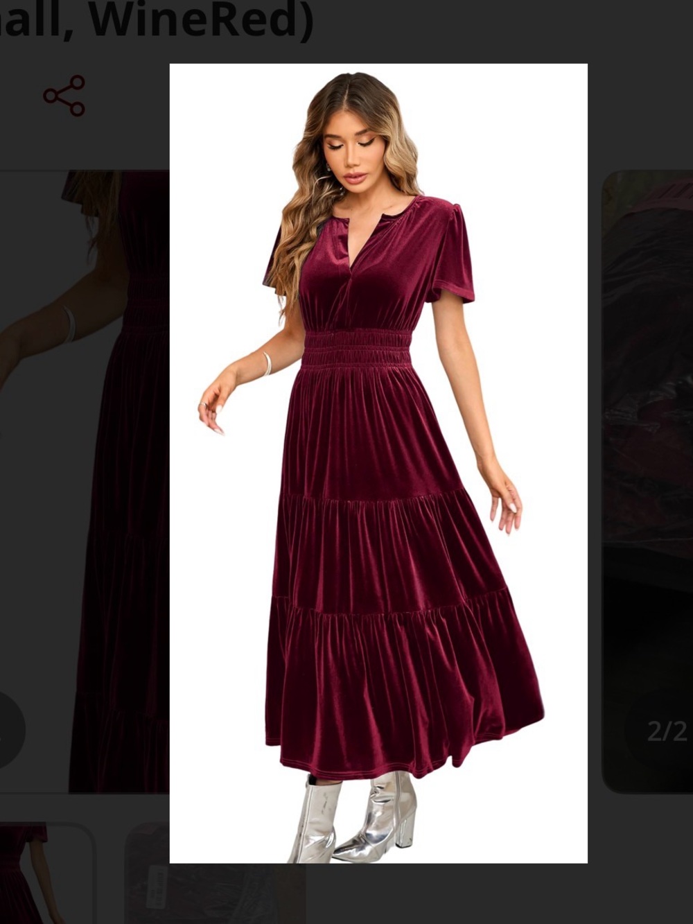 Smocked-Waist Velvet Maxi Dress in Wine Red